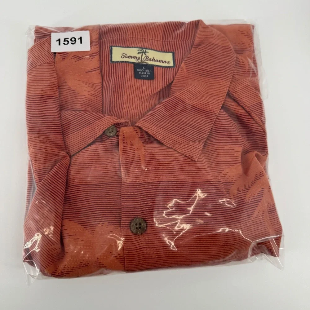 Tommy Bahama Mens Large Silk Palm Tree Jacquard Camp Shirt Burnt Orange S/S